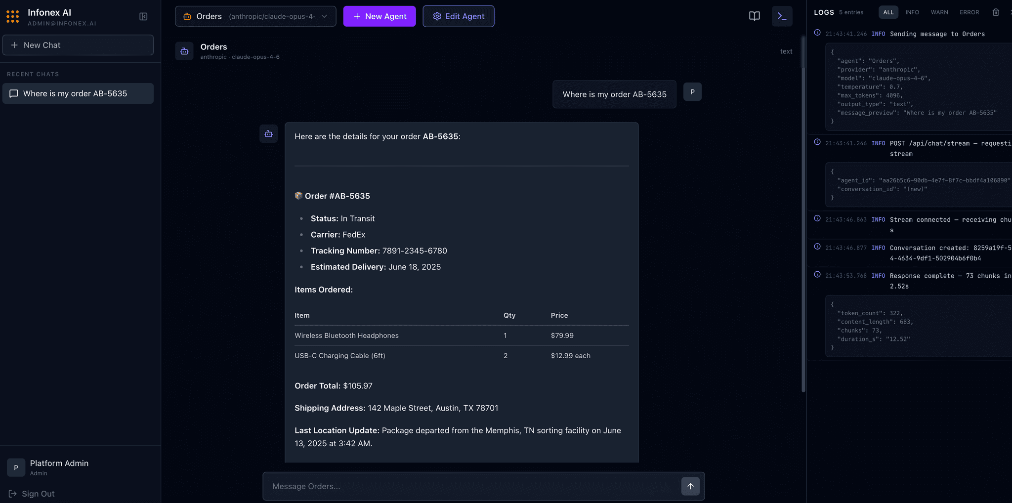 Sentientone AI platform dashboard showing an order management AI agent